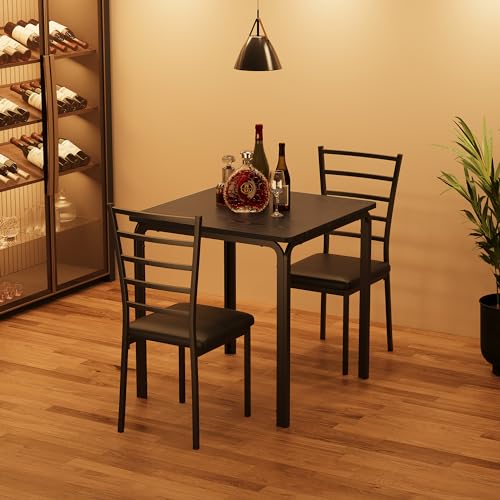 ELETHEBIA Dining Table Set for 2 Person Seat,Table with 2 Upholstered Chairs - Spacious Square Rounded Corner Top, Perfect for Apartment Living Room, Dining Room, Study, and Kitchen Workspace (Black) ELETHEBIA