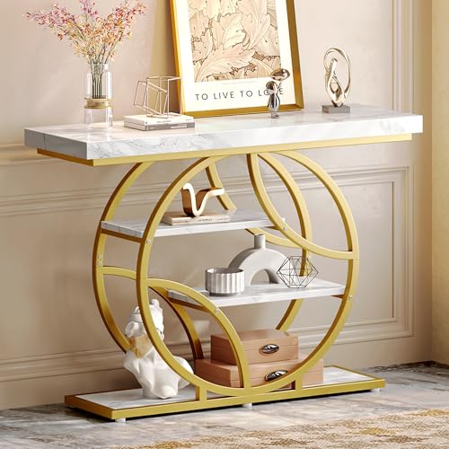 Huuger 41.3 Inch Entryway Table with Marble Top, Modern Console Sofa Table, Accent Table with Shelves, for Entry, Hallway, Entrance, Foyer, O-Shaped Metal Frame, White Marble & Gold Huuger