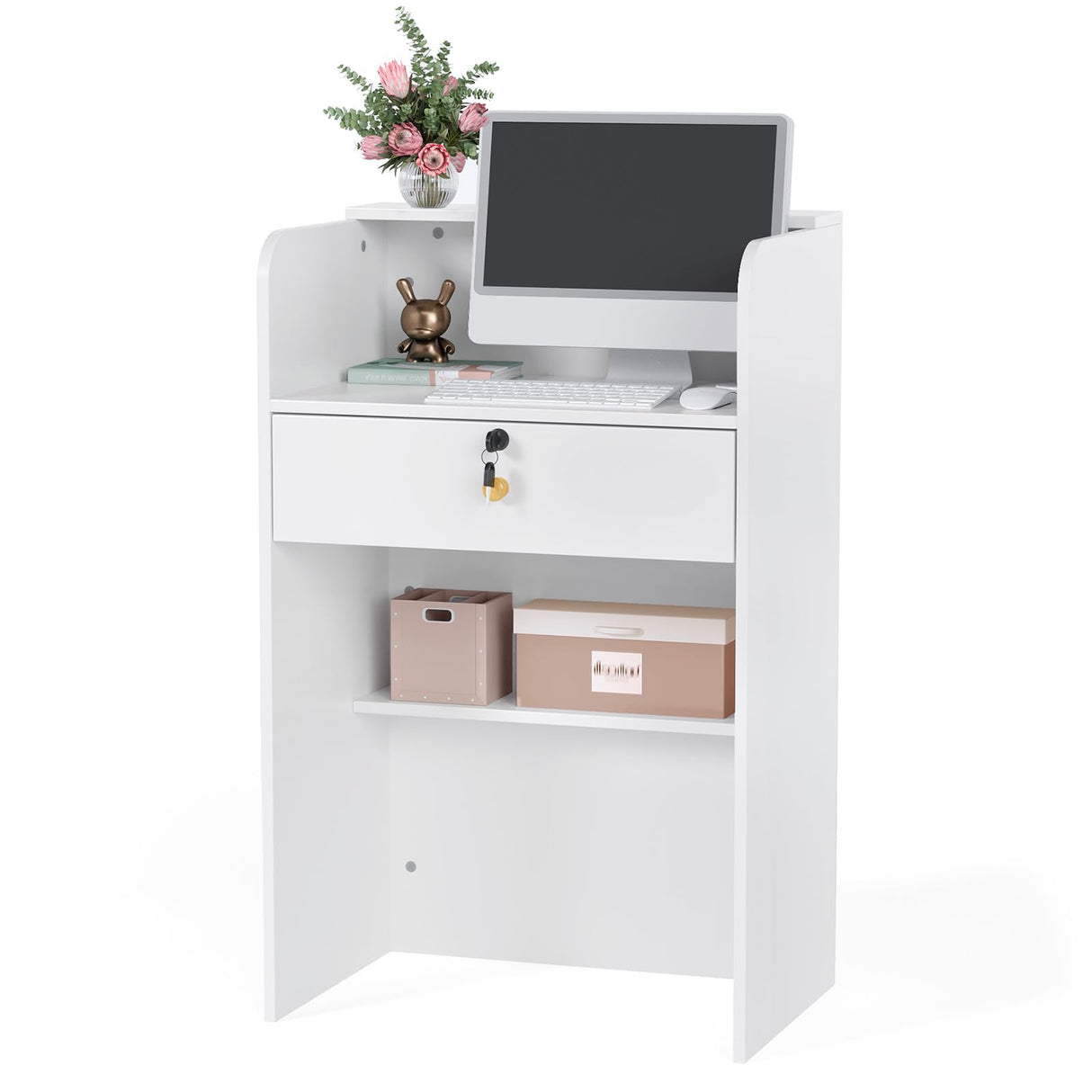 OmySalon Reception Desk with Counter, Small Front Desk w/Lockable Drawer, Wooden Modern Reception Table for Salon Lobby Office Home (White, 24) OmySalon