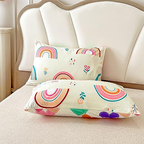 Btargot Lightweight Soft 3 Piece Rainbow Comforter Set with 2 Pillow Covers, Cartoon Love Hearts Flowers and Grass Bedding Set for Girls Boys Kids, Full Multi-Color Btargot