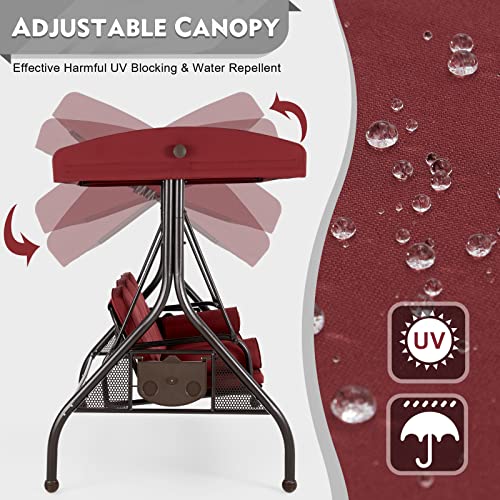 HOMREST 3 Seat Outdoor Porch Swing with Adjustable Canopy, Convertible Patio Swing Bed with Stand, Patio Glider Swing with Upgraded Cup Holder, Thicken Cushions & Pillow for Backyard (Wine Red) HOMREST