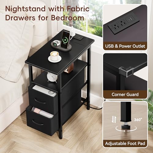 Vagusicc Set of 2 Black Nightstand with Charging Station and LED Lights, Narrow Side Table, LED Night Stand with 2 Fabric Drawers, Bedside Table Small End Table, Tall Nightstand for Bedroom, Black Vagusicc