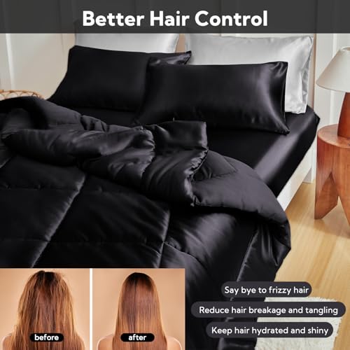 MR&HM Queen Comforter Set Black, Reversible Satin Microfiber Comforter Set for All Seasons, 3 Pieces Non-Slip Silky Soft Bedding Sets with 1 Comforter (90"x90") and 2 Pillowcases (20"x26") MR&HM