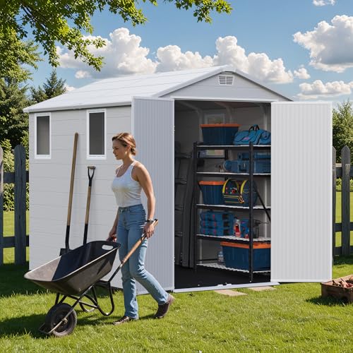 Greesum 6×8FT Plastic Outdoor Storage Shed with Floor, Resin Storaged Sheds with Lockable Double Door, Windows & Vents, All-Weather Tool Sheds for Garden, Backyard, Patio, Light Gray Greesum