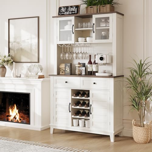 GarveeHome 72 in Tall Kitchen Pantry Cabinet, Kitchen Hutch Bar Cabinet with Microwave Stand, Cupboard with Drawers Glass Doors for Dining Room, White (Antique White, 40" Wide) GarveeHome