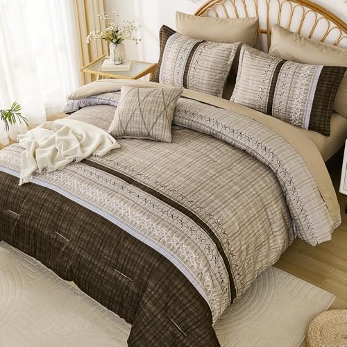 Dintszyayue Brown Comforter Set King Size, 8 Pieces Boho Striped Bed in a Bag Soft Microfiber Bedding Set for All Season Dintszyayue