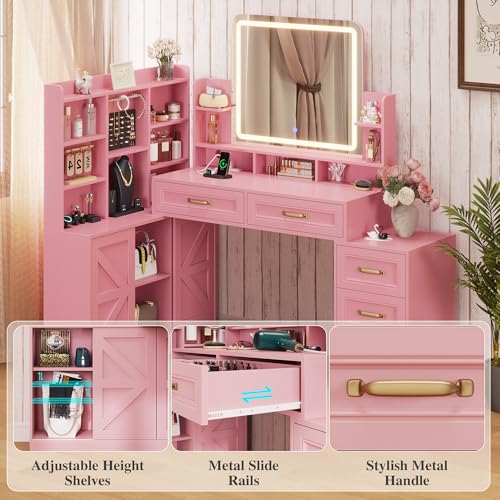 Dnxao Makeup Vanity with Mirror and Lights,Vanity Desk with Lights & 5 Drawers,Makeup Desk with Charging Station & Cabinets Adjustable Width, Modern Dressing Table for Bedroom,Pink Dnxao