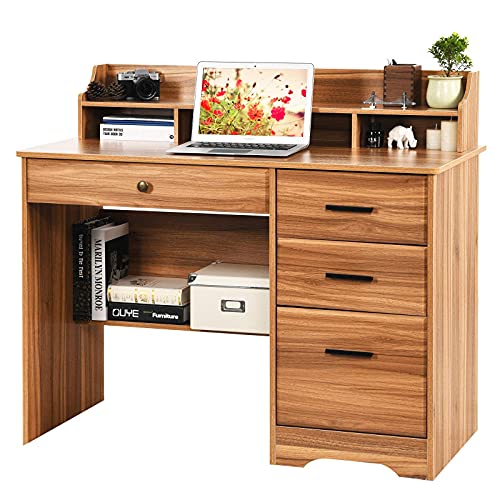 Catrimown Computer Desk with Drawers and Hutch, 44” Rustic Oak Wood Desk with 4 Drawers for Home Office Secretary Writing Table, Small Desk with File Drawer for Small Places, Rustic Oak Catrimown