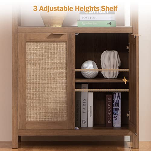 SICOTAS 5-Tier Rattan Boho Bookshelf with Doors - Tall Oak Bookcase for Stylish Storage SICOTAS