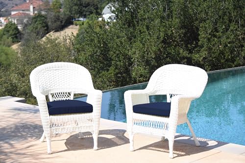Jeco Wicker Chair with Blue Cushion, Set of 2, White/W00206- Jeco