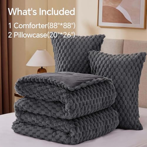 BEDELITE Fluffy Queen Comforter Set - Grey Fleece Soft Comforter for Queen Size Bed, Luxury Warm Bedding Set for Winter, Fuzzy Bed Set 3 Pieces (1 Comforter, 2 Pillowcases) BEDELITE