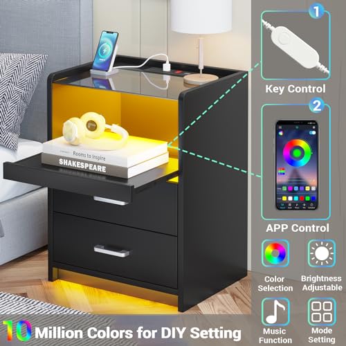 AOGLLATI LED Nightstand Set of 2 with Charging Station, Night Stand with Pull-Out Shelf, 2 Drawers, Bedside Table with LED Lights, Modern End Table with USB Ports Outlets, 2 Pack, Black AOGLLATI