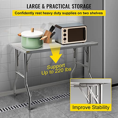 VEVOR 48 x 30 Inch Commercial Prep, Heavy-Duty Folding 661 lbs Load, Work Table, Silver Stainless Steel Kitchen Island VEVOR