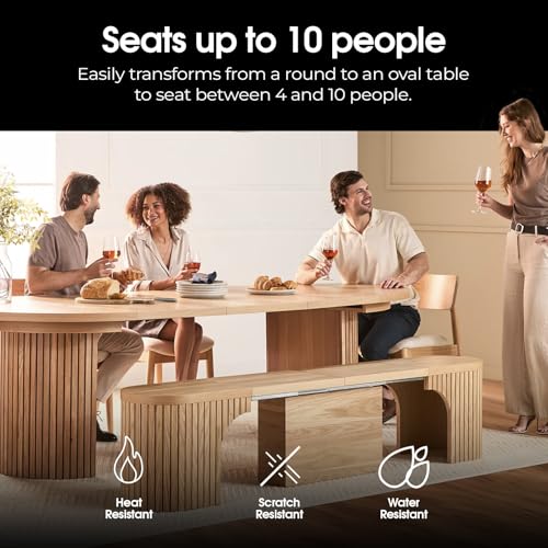 Transformer Table - Solid Wood Extendable Round Dining Table Set with Bench, Expandable Round Dining Set, Seats 4-10, Seat with Hidden Panel Storage, Natural (Table + Bench) Transformer Table