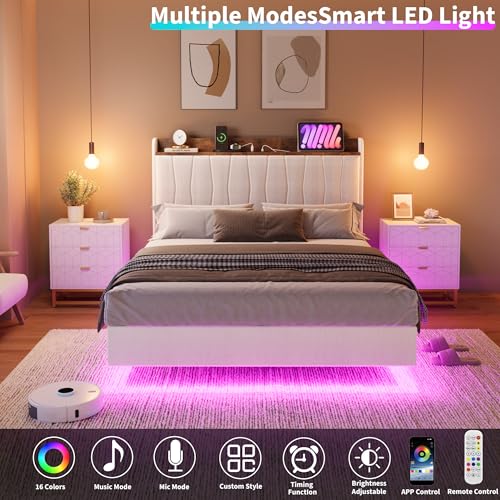 IDEALHOUSE King Floating Bed Frame with LED Lights & Charging Station, Upholstered Platform Bed with Storage Headboard, Wood Slats Support, No Box Spring Needed, Easy to Assemble, White IDEALHOUSE
