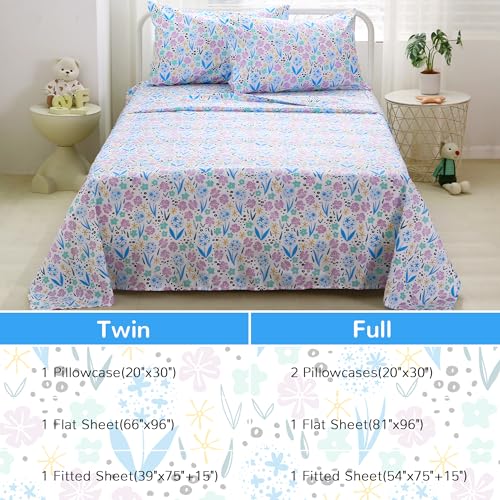 Viviland 3 Pieces Girls Purple Floral Twin Sheet Set - Soft Microfiber Fitted Flat Sheets & Pillowcase - Purple Colorful Flower Print Bedding Sets - for Kids & Toddlers Viviland