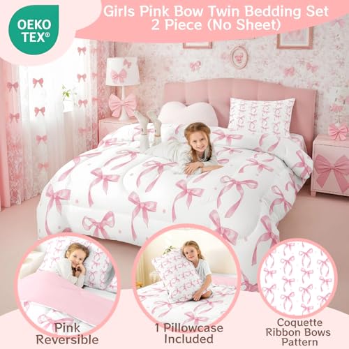 Erosebridal Cute Pink Bow Twin Bedding Set for Girls,Ribbon Bow Knot Comforter Set for Kids Kawaii Room Decor,Princess Bowknot Bed Set Girly Pink Bows Bedding Comforter Sets,1 Pillowcase Erosebridal