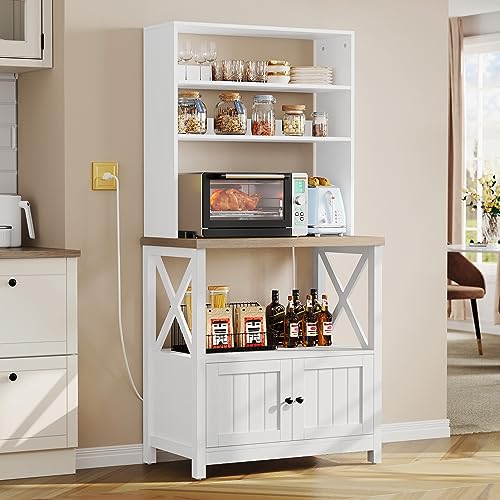 DWVO White Baker Rack with Power Outlet and Storage, Farmhouse Microwave Stand with Door for Kitchen, 5-Tiers Tall Coffee Bar Station Cabinet Thickened Counter with Hutch Shelves