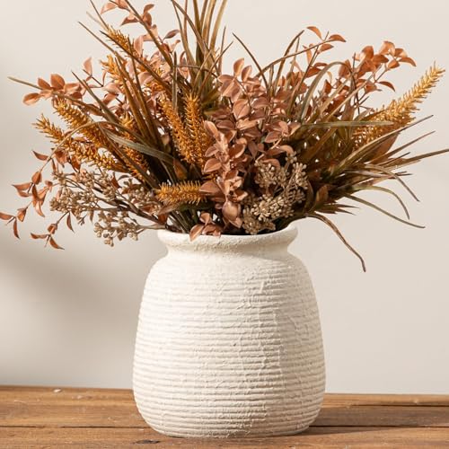Ceramic Flower Vase, 7.48 Inch White Rustic Farmhouse Decorative Vase Pottery Wide-Mouth Vases for Home Decor Table Living Room Entryway Mantel Bookshelf Bedroom Bathroom Kitchen ooit