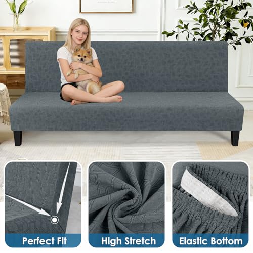 MAXIJIN Waterproof Futon Cover Full Size Washable Armless Sofa Bed Couch Cover Stretch Jacquard Futon Slipcovers Furniture Protector with Non-Slip Elastic Bottom (67"-82", Dark Gray) MAXIJIN