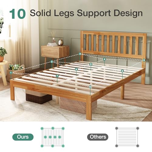 Novilla Queen Bed Frame with Headboard, Solid Wood Bed Frame Foundation with Wood Slat Support, No Box Spring Needed, Easy Assembly, Oak Novilla