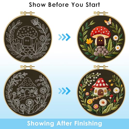 ERKOON Embroidery Kit for Beginners, 2 Set Flower Cross Stitch Set Include Embroidery Cloth Hoops Threads for Craft Lover Hand Stitch with Embroidery Skill Techniques (Mushroom)