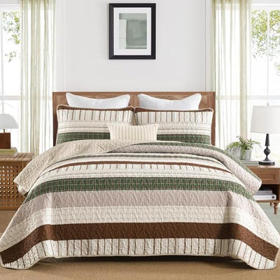 DJY Striped Quilt Set Twin Size, Boho Brown Green Striped Bedspread Coverlet Set Soft Microfiber Patchwork Quilt Bedding Set 3 Pieces for All Season(86"x68")