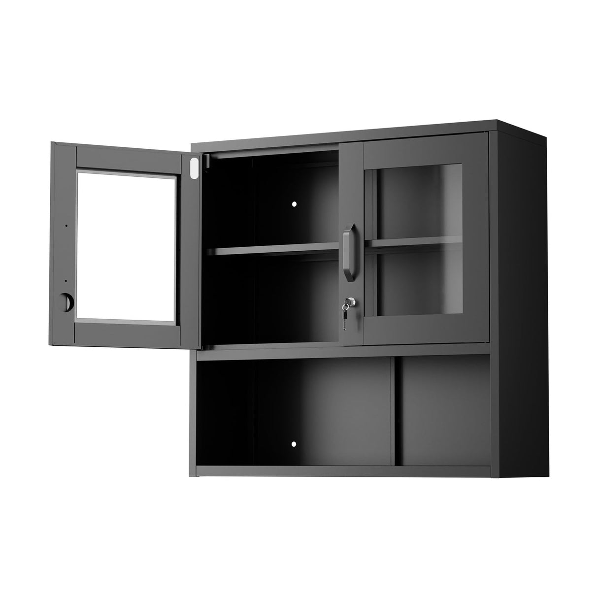 VINGLI Metal Wall Cabinet with Locking Glass Doors & Magnetic LED Sensor Light, Adjustable Shelf, Wall Mounted Storage Display Cabinets for Garage, Kitchen, Home Office, Warehouse, Living Room, Black VINGLI