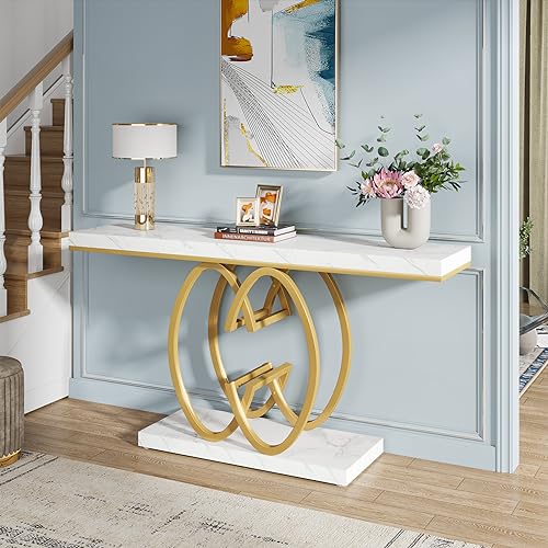 LITTLE TREE 55-Inch Gold Console Table for Entryway, Modern Faux Marble Foyer Table with Geometric Metal Legs, Narrow Long Sofa Table for Living Room LITTLE TREE