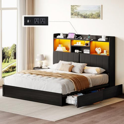 YUMPIE King Bed Frame with Bookcase Headboard and LED Lighting, Black Upholstered Platform Bed with Storage Drawers and Charging Station