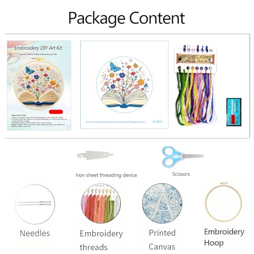 Zhenqing Open Book Garden Embroidery Kit, Fantasy Floral Craft Set with 20cm Hoop, Printed Design on 29x29cm Cotton Fabric, DIY Butterfly Wall Art (JC0023)