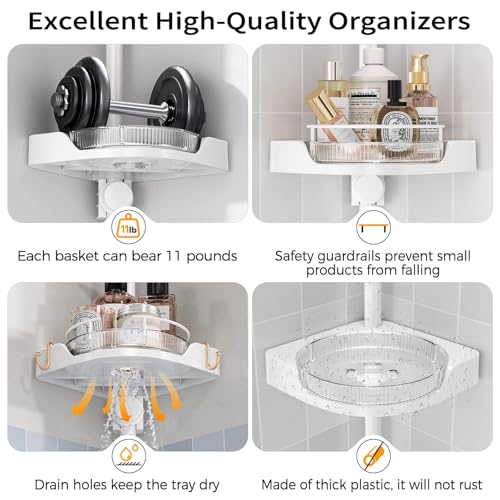 shuang qing 360° Rotating Corner Shower Caddy Tension Pole Organizer - 4-Tier Adjustable Rustproof Metal Pole, Plastic Shelves with Safety Guardrail, Bathroom Storage for Shower & Bathtub(White) shuang qing