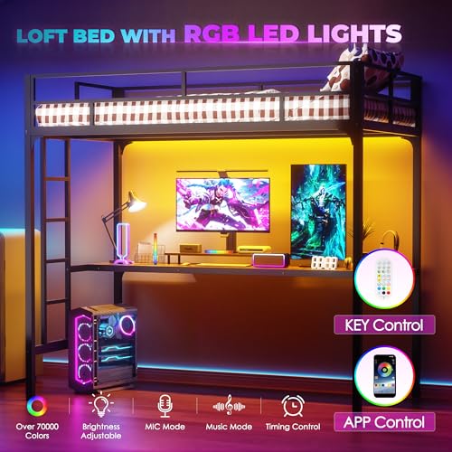 INTERGREAT Loft Bed Twin Size with Desk, Metal Loft Bed Frame with LED Lights and Charging Station, Safety Guardrail and Ladder, No Box Spring Needed, Space-Saving, Noise Free, Black INTERGREAT