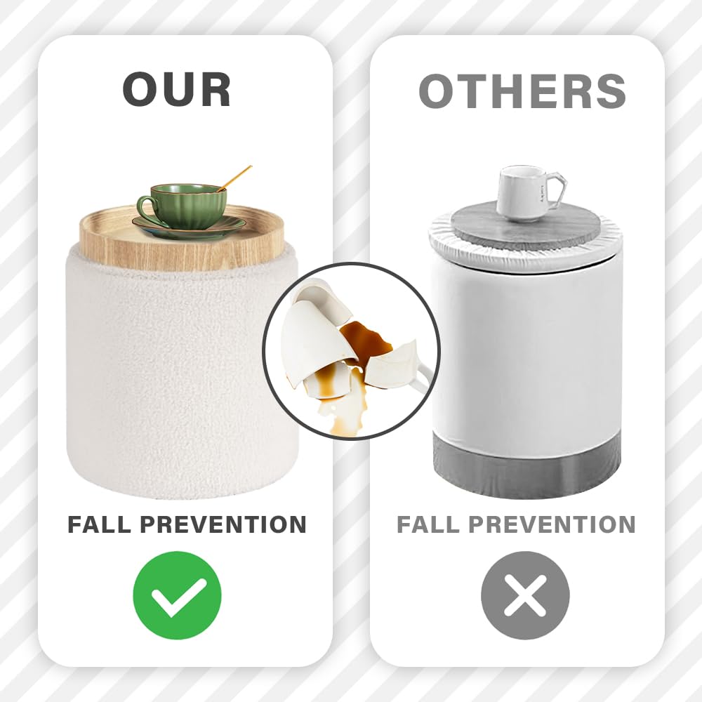 PINPLUS Round Storage Ottoman Boucle Ottoman with Tray, Teddy Velvet Footstool Ottoman Cube for Living Room, Bedroom, Dorm 13.4"x13.4"x15" (White) PINPLUS