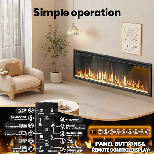 42 Inch WiFi-Enabled Electric Fireplace, 1500W Smart Fire Place Hetaer Inserts and Wall-Mounted W/Touch Screen & Remote Control, Adjustable 13 Flame Color and 5 Brightness, 12H Timer for Living Room Riseon