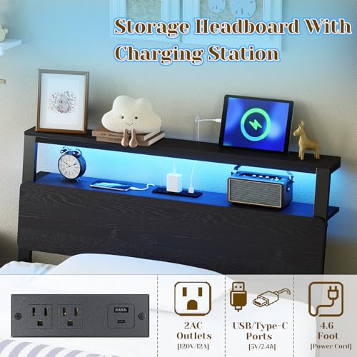 Woanke Twin Bed Frame with Headboard, Small Bed Frame with Drawers & Storage, Twin Bed Frames for Kids/Teenagers, Bed Frame Twin with LED Lights/Charging Station, Noise-Free/Assembly Easily, Black Oak Woanke