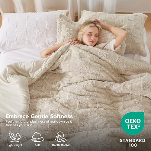 Joiedomi Tufted King Size Comforter Set, 3 Pieces Beige Boho King Bedding Set with 1 Plaid Geometric Comforter and 2 Pillow Shams, Checkered Bed in a Bag for All Seasons Joiedomi