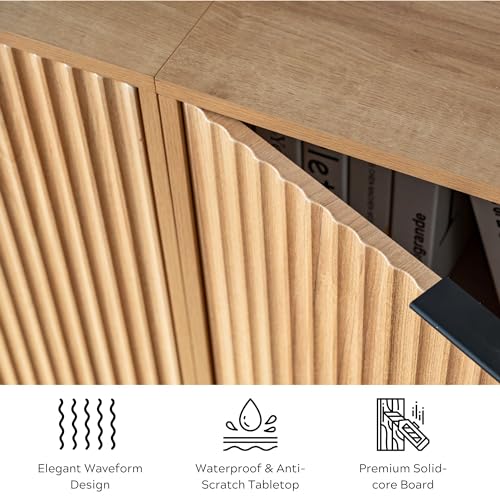 EYYTHUNG Fluted Storage Cabinet Sideboard Buffet Cabinet, Modern Accent Cabinet with Adjustable Shelves, Wooden Credenza, Console Table Entryway Cabinet for Living Dining Room, Natural Oak EYYTHUNG