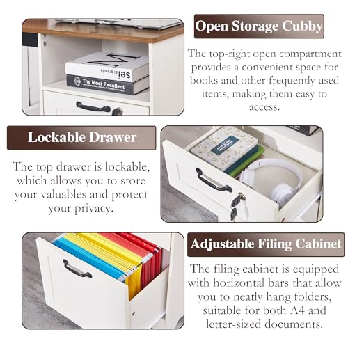 LayBurst 55" Farmhouse L-Shaped Desk with Lift Top,Movable Monitor Stand,L Shaped Standing Office Desk with Lockable Drawer & Adjustable File Drawer,Lift Top Computer Desk with Power Outlets LayBurst