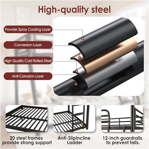 AUEYTVR Metal Full Over Full Size Bunk Bed for Adults & Kids,Low Profile Bunkbeds with Length Guardrail and Ladder, No Box Spring Needed,Space Saving,Black AUEYTVR