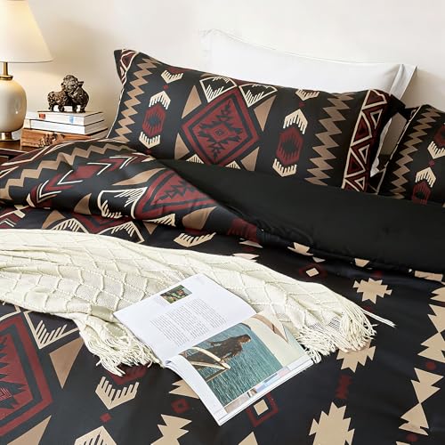 Tyrot Queen Comforter Set – 3 Piece Black Red Boho Aztec Bedding, Western Southwestern Style Comforter Sets, Soft Lightweight Comforter for All Seasons, 1 Comforter & 2 Pillow Shams Tyrot