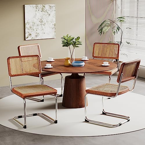 Alunaune Modern Mid Century Dining Chairs Set of 2, Upholstered Natural Rattan Kitchen Chairs Accent Chair, Armless Side Chairs with Metal Chrome Legs for Bedroom Living Room-Brown Alunaune