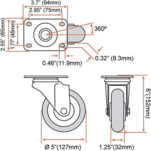 8 Pack 5 Inch Combo Caster Swivel Plate 4 w/Brake & 4 Plate Heavy Duty on Red PU Wheels with Heavy Duty Screws FactorDuty