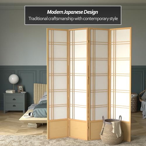 Oriental Furniture 7 ft. Tall Double Cross Shoji Screen - Natural - 4 Panels Red Lantern