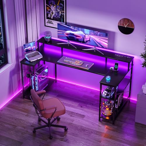ODK 55 Inch Gaming Desk with LED Lights and Power Outlet, U-Shaped Computer Desk with Monitor Stand and Storage Shelves, PC Gamer Table for Home Office, Carbon Fiber Black ODK