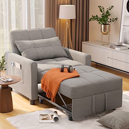 Noelse Sleeper Sofa Chair Bed, Convertible Sofa Chair 3-in-1, Adjustable Sleeper Chair Pullout Sofa Bed with Modern Linen Fabric for Living Room Apartment Small Space, Grey Noelse