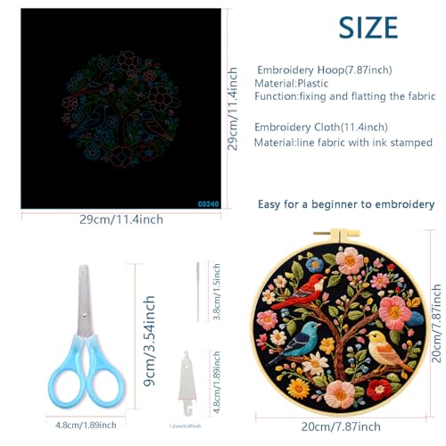 Zhenqing Three Birds on Floral Tree Embroidery Kit for Beginners, Pre-Printed 29x29cm Cotton Fabric with 20cm Hoop, Colorful Birds Design on Dark Background (C0240)