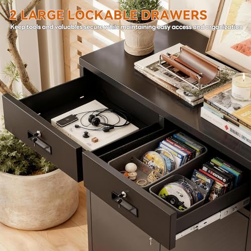 BESFUR Metal Storage Cabinet, Garage Storage Cabinet with 2 Drawers and Adjustable Shelf, Locking Short Storage Cabinet for Office Garage Home, Black Metal Cabinets(36" H x 31.5" W x 16" D) BESFUR