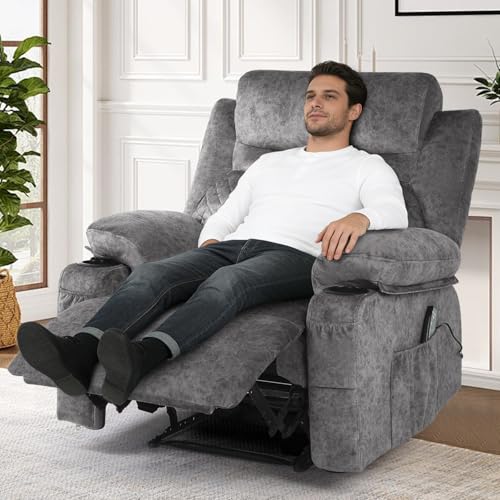 linting Overstuffed Massage Recliner Chair with Heat, Wide Seat Reclining Chair for Home Theater, Heated Massaging Manual Recliner Chairs with Cup Holders, Grey