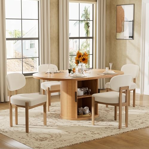 HAIZAO Large Retro Dining Table Set for 4, Modern Oval Kitchen Table Set with 4 Upholstered Chairs, Solid MDF Table with 2-Layer Storage Shelf and Wood Slide Door, Luxury Beige Chenille Chairs HAIZAO